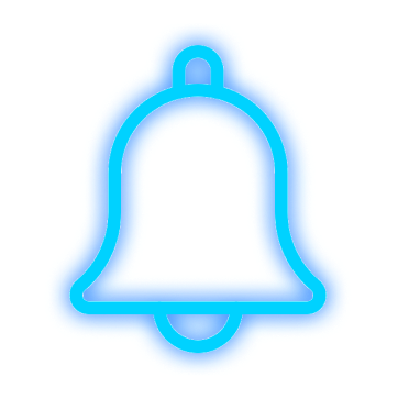 Glowing blue bell icon on black background.