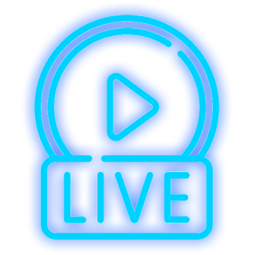 Neon blue live streaming play icon.