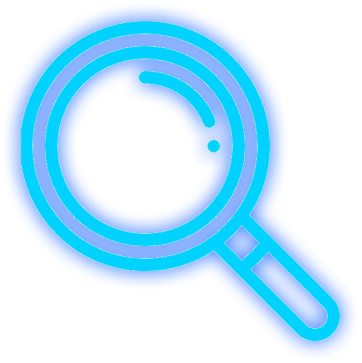 Blue neon magnifying glass on black background.