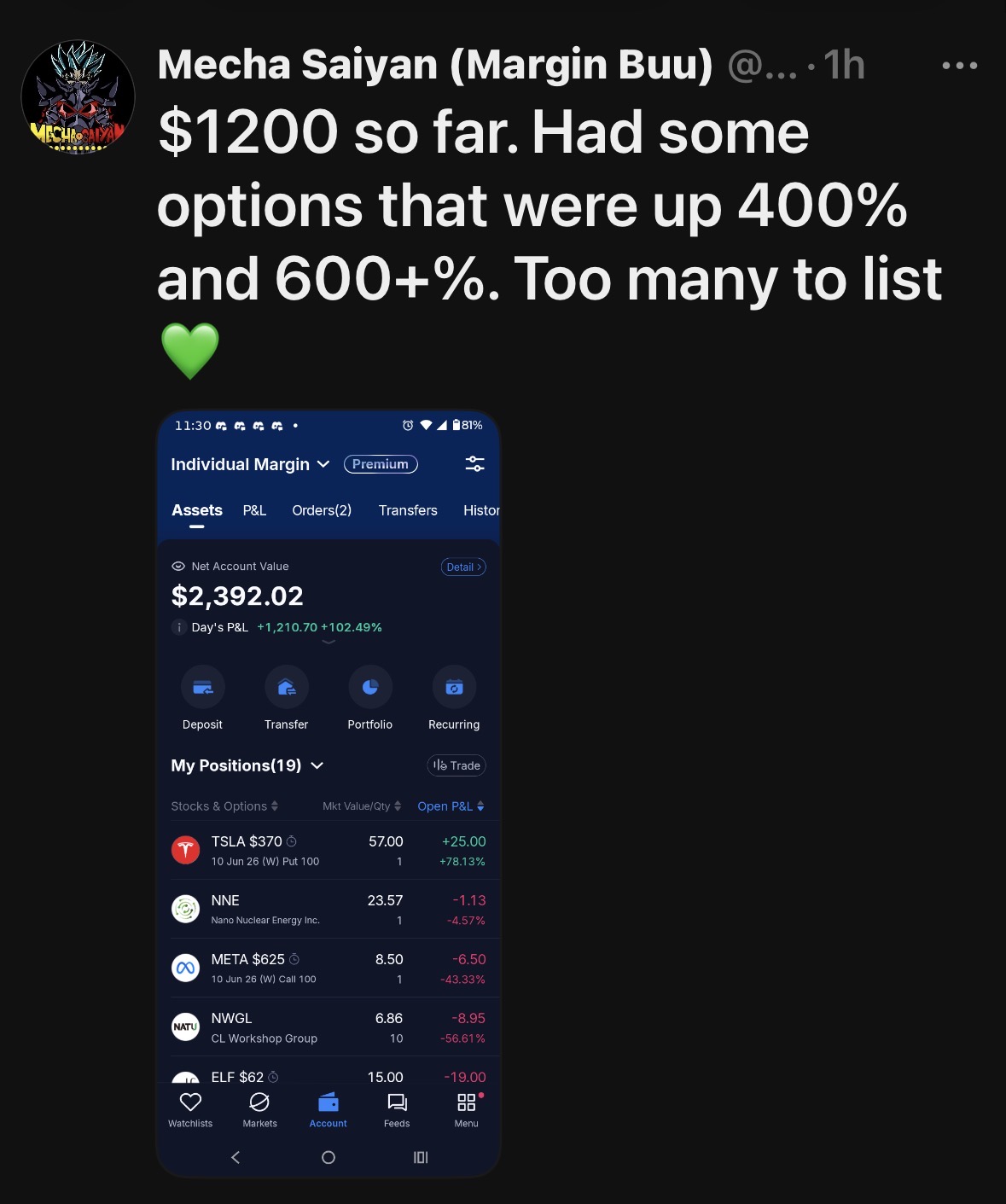 Investment profits displayed on phone screen