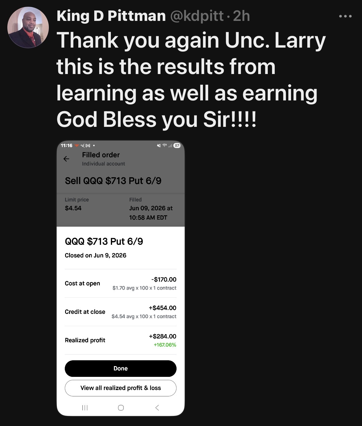 Twitter post showing stock trading results