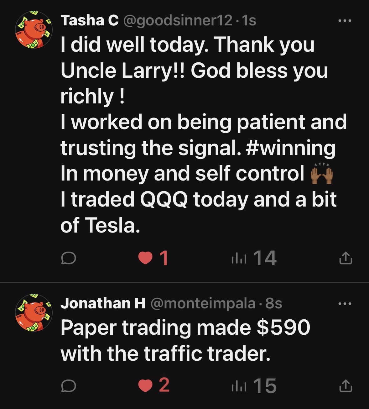 Tweets discussing trading success and profits