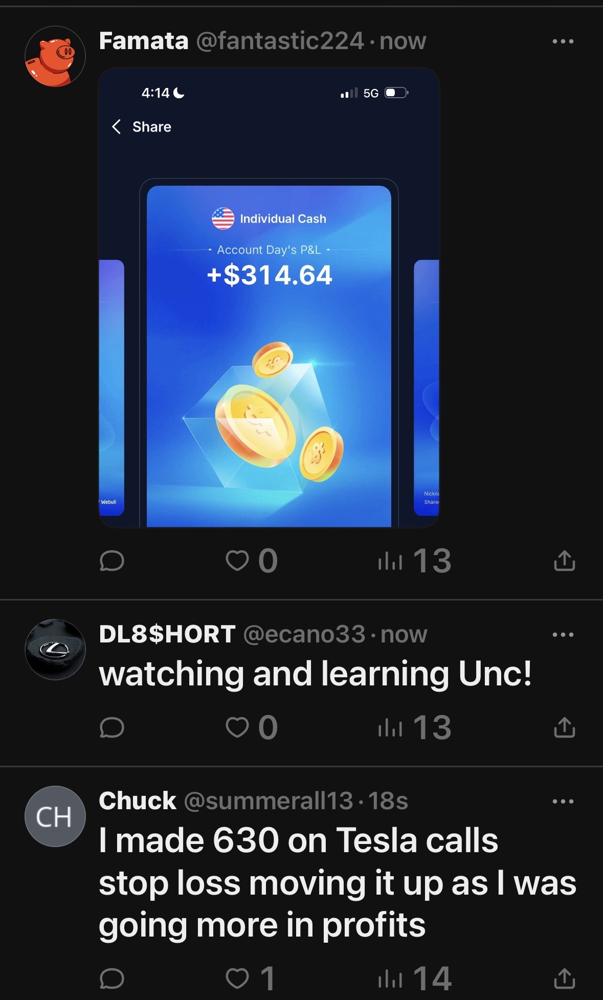 Tweets discussing trading and investment returns.