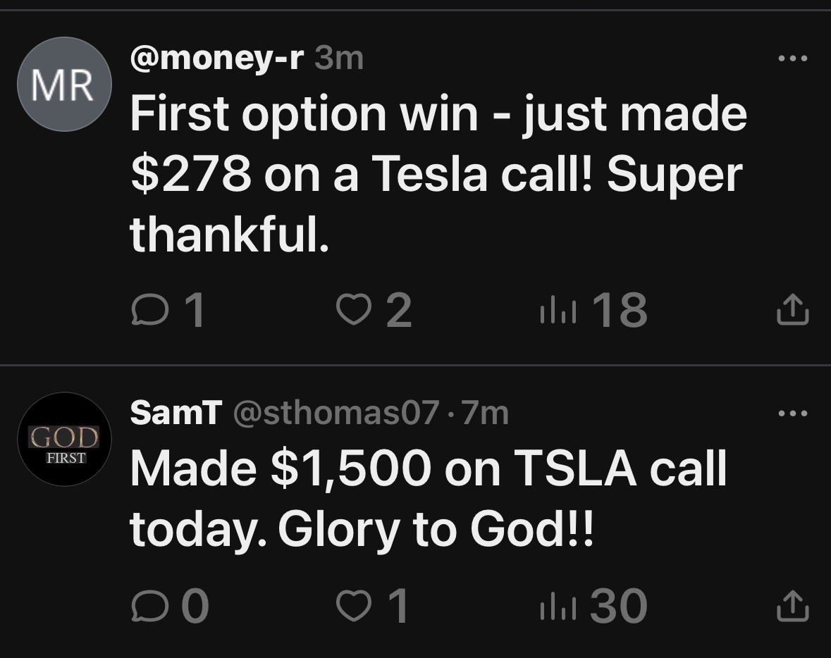 Tesla call option profits shared on Twitter
